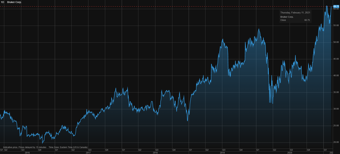 Bruker (BRKR) stock price chart over the last 5 years
