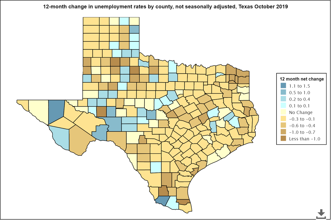 Net change in unemployment per  county in the state of Texas