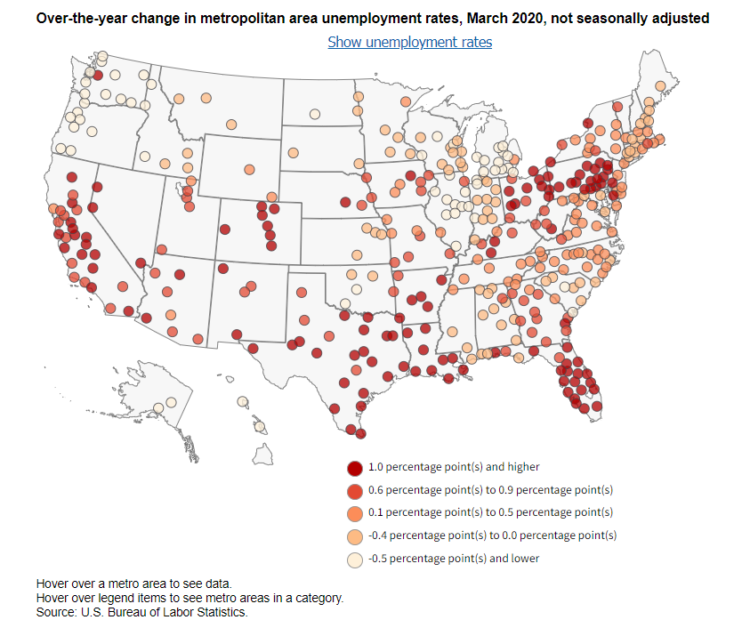 PictureYear on year change in unemployment rates in US metropolitan areas